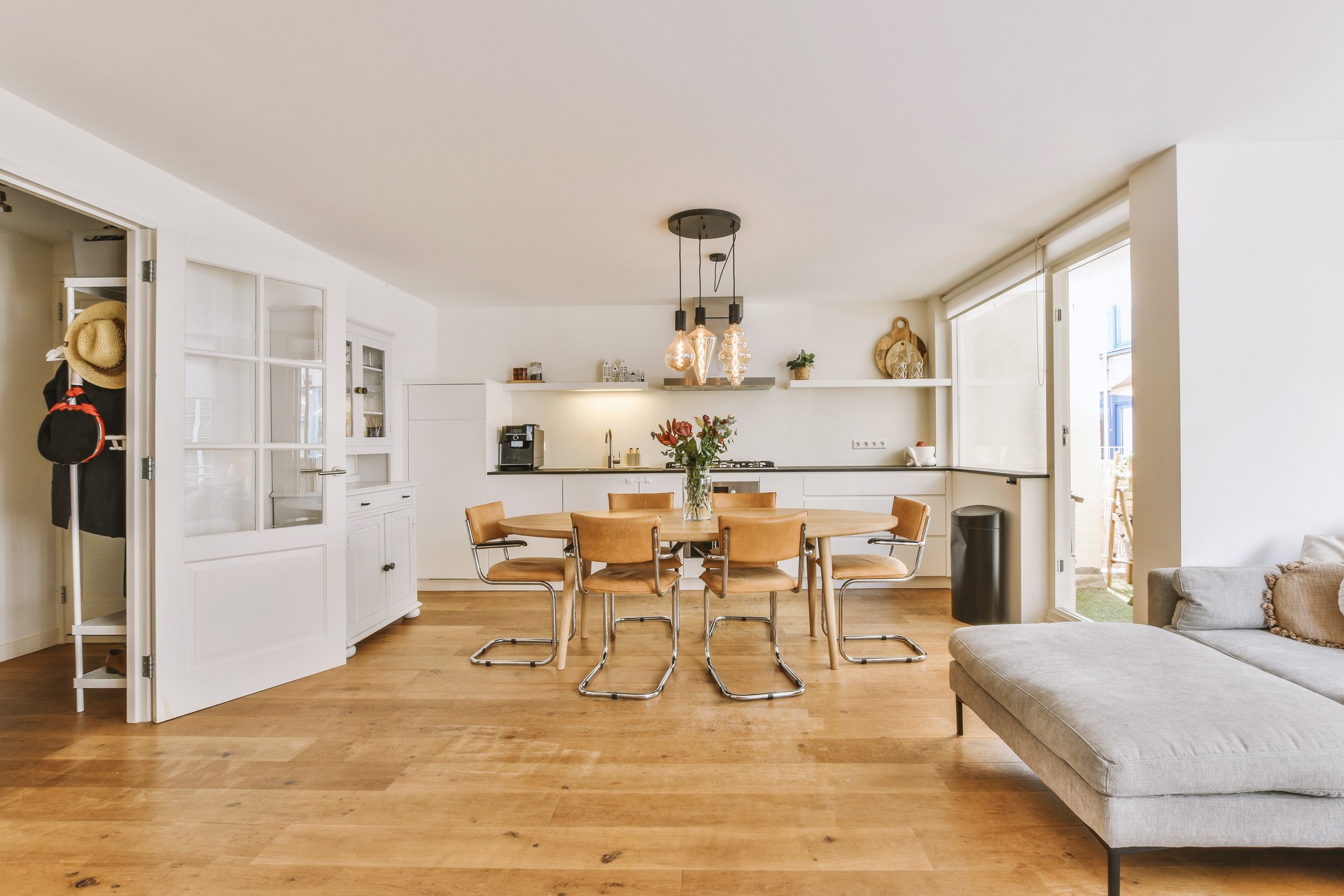 Studio apartment interior with wooden furniture